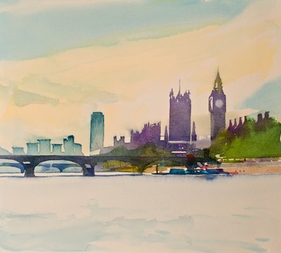 Westminster kävelysillalta II, 2016 (akvarelli) tekijältä Simon Fletcher