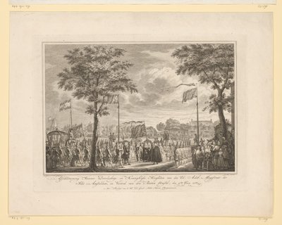 Jäähyväiset Willem V:lle ja hänen vaimolleen Buiten Amstelissa, 1768 Jäähyväiset heidän rauhallisille ja kuninkaallisille korkeuksilleen van den Ed: Achtb: Amsteldamin kaupungin tuomari ja den Buiten Amstelin lähtö, 4. kesäkuuta 1768 (nimi esineessä) Kuva tekijältä Simon Fokke