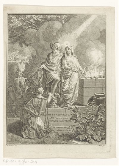 Allegorische titelpagina met aartsvader Abraham en Waarheid Titelpagina voor: Arnold Hoogvliet, Abraham de aartsvader, in XII Boeken, s.a. tekijältä Simon Fokke