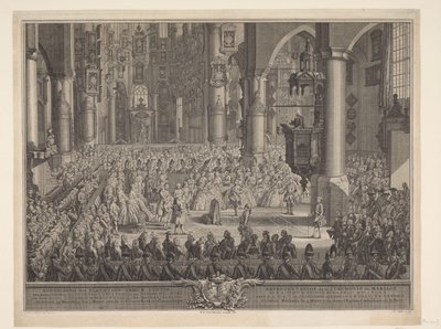 Karel Christian van Nassau-Weilburgin avioliitto prinsessa Carolinan kanssa, 1760 Kuvaus (...) prinssi van Nassau Weilburgin juhlallisesta hääseremoniasta (...) Carolina van Oranjen & Nassaun kanssa tapahtui keskiviikkona 5. maaliskuuta 1760 Groote Kerk in tekijältä Simon Fokke