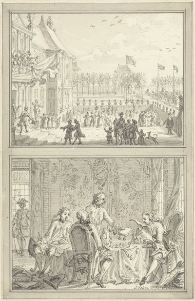Honselaarsdijkin palatsi vaihtaa omistajaa / Preussin herrakuntien myynti Anna van Hannoverille, 1754 tekijältä Simon Fokke