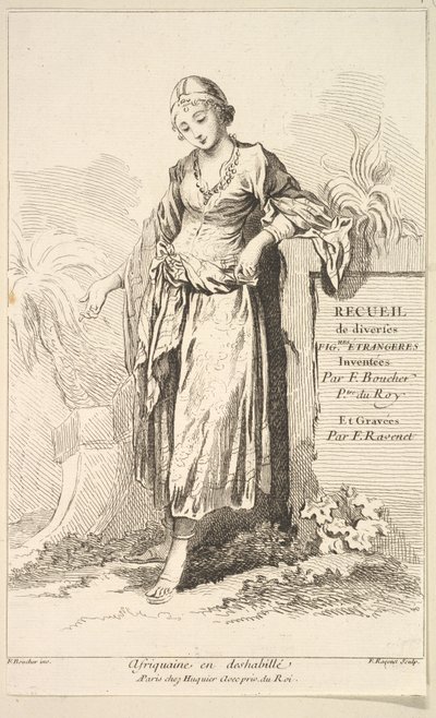 Afrikkalainen nainen negligee-puvussa, kokoelmasta erilaisia ​​ulkomaisia ​​hahmoja Keksijä..., 1700-luku. tekijältä Simon Francois Ravenet
