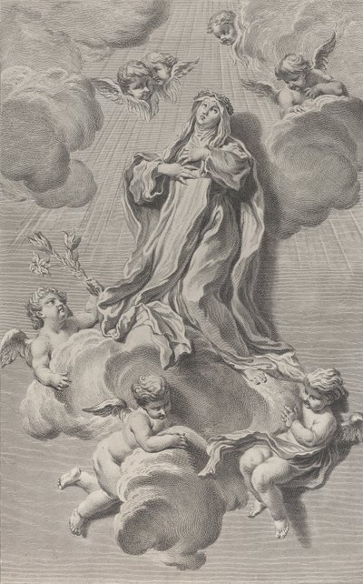Pyhän Sienalaisen Katariinan ekstaasi polvistumassa enkelien kantaman pilven päällä, yksi ..., 1729-40. tekijältä Simon Francois Ravenet