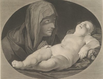 Neitsyt rukouksessa, katsomassa nukkuvaa Kristus-lapsea, soikeassa kehyksessä, Renin jälkeen..., 1765. tekijältä Simon Francois Ravenet