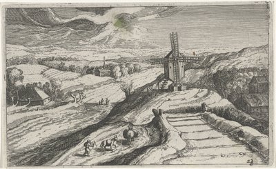 Mäkinen maisema tuulimyllyllä Erilaisia ​​maisemia (sarjan nimi) Topographia variarum regionum (sarjan nimi) tekijältä Simon Frisius (attributed to)