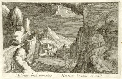 Jokimaisema kuunvalossa Erilaisia ​​maisemia (sarjan nimi) Topographia variarum regionum (sarjan nimi) tekijältä Simon Frisius (attributed to)