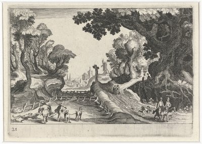 Metsämaisema ristillä polun varrella Etelä-Euroopan maisemat (sarjan nimi) Topographia variarum regionum (sarjan nimi) tekijältä Simon Frisius