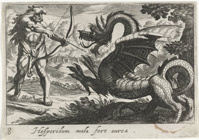 Hercules tappaa lohikäärme Ladonin Hesperidum mala fert aurea (otsikko esineessä) Herculean Themes (sarjan nimi) tekijältä Simon Frisius