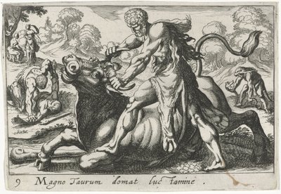 Hercules taistelussa Achelouksen kanssa Hän kesyttää suuren härän painilla (otsikko esineessä) Herculische-teeman (sarjan nimi) tekijältä Simon Frisius