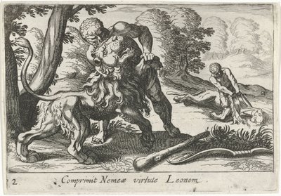 Hercules taistelee Nemean leijonaa vastaan Comprimit Nemeae virtute Leonem (otsikko esineessä) Herculean Themes (sarjan nimi) tekijältä Simon Frisius