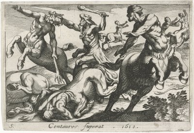 Hercules taistelee kentaureja vastaan Centauros superat (otsikko esineessä) Herculean Themes (sarjan nimi) tekijältä Simon Frisius