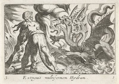 Hercules taistelee Lernan hydraa vastaan Extinguit Multiform Hydram (otsikko esineessä) Herculean Themes (sarjan nimi) tekijältä Simon Frisius