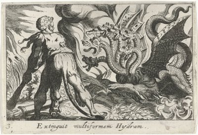 Hercules taistelee Lernan hydraa vastaan Extinguit Multiform Hydram (otsikko esineessä) Herculean Themes (sarjan nimi) tekijältä Simon Frisius