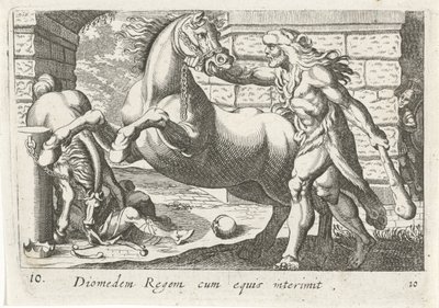 Hercules temt de paarden van Diomedes Diomedes kuningas hevosineen (otsikko esineessä) Herculische-teeman (sarjan nimi) tekijältä Simon Frisius