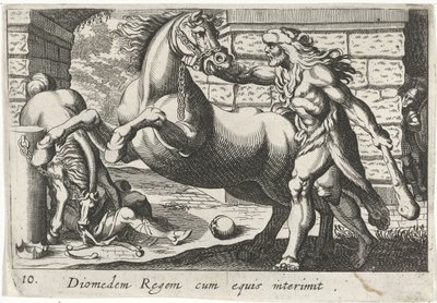 Hercules temt de paarden van Diomedes Diomedes kuningas hevosineen (otsikko esineessä) Herculische-teeman (sarjan nimi) tekijältä Simon Frisius