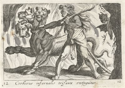 Hercules kostaa Cerberuksen Cerberus infernal trifaux on sammunut (otsikko esineessä) Herculische-teeman (sarjan nimi) tekijältä Simon Frisius