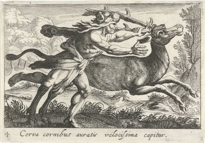 Hercules vangt de Hind van Cerynea Peura, jolla on kultaiset sarvet, saadaan kiinni erittäin nopeasti (otsikko esineessä) Herculische-teeman (sarjan nimi) tekijältä Simon Frisius