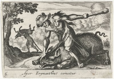 Hercules vangitsee Erymanthuksen siat Aper Erymanthius evincitur (otsikko esineessä) Herculean Themes (sarjan nimi) tekijältä Simon Frisius