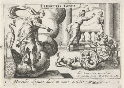 Jonge Hercules wurgt twee slangen Hercules tappaa kaksi käärmettä kehdoissaan (otsikko esineessä) Herculische-teeman (sarjan nimi) Hercules (sarjan nimi esineessä) tekijältä Simon Frisius