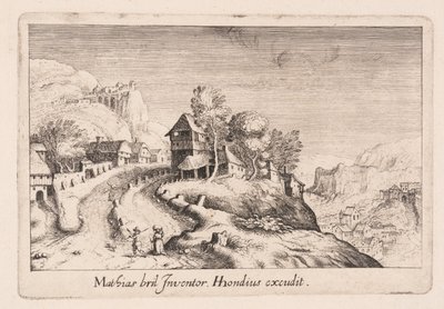 Maisema, jossa on polku ylös vuorelle kylän läpi, Topographia Variarum Regionum -teoksesta. tekijältä Simon Frisius