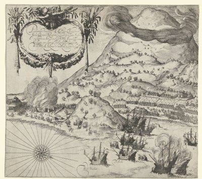 Hollantilaisten voitto portugalilaisista Tidoressa (vasemmalla oleva kuva), 1605 tekijältä Simon Frisius