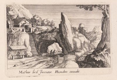 Hahmopari kävelemässä kalliosillan alla, Topographia Variarum Regionum -teoksesta. tekijältä Simon Frisius