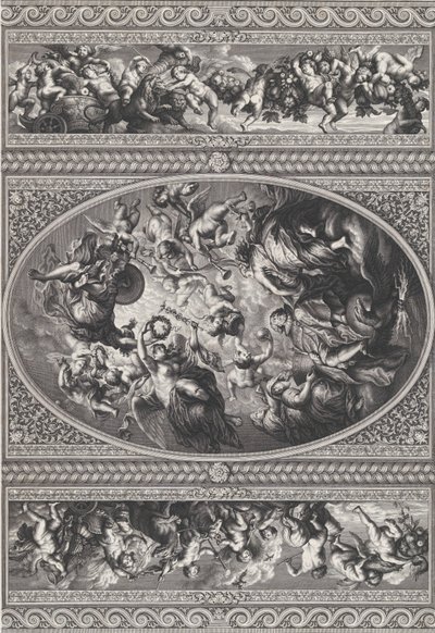 Jaakob I:n apoteoosi soikeassa keskellä, friisit putilla ja seppeleillä joko..., 1720. tekijältä Simon Gribelin