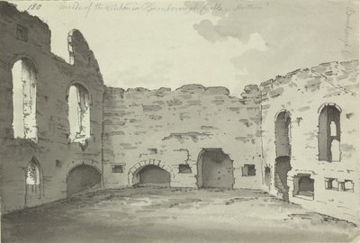 Bamburghin linna, keittiön rauniot, Add. 15542, f.180, c.1780 (kynän ja musteen pesu paperille) tekijältä Simon H. Grimm