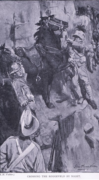 Roggevaldin ylitys yöllä, teoksesta After Pretoria: The Guerilla War, jonka on julkaissut Harmsworth Bros Limited, 1901. tekijältä Simon Harmon Vedder