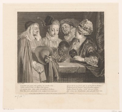 Gezelschap van vijf näyttelijät een parapetissa The Coquettes Antoine Watteaun teos (sarjan nimi) Antoine Watteaun teos, kuninkaan maalari hänen Royal Academy of Painting and Sculpture -akatemiassa (...) (sarjan nimi) tekijältä Simon Henri Thomassin