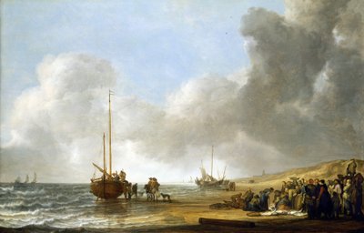 Kohtaus Scheveningenin rannalla (Haag, Alankomaat), vasemmalla meri ja oikealla hiekkadyynit, keskellä kalastusalus kölinsä päällä ja ryhmä kalastajia. tekijältä Simon Jacobsz. Vlieger