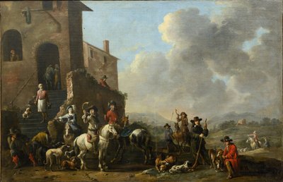 Metsästykseen valmistautumassa Douw, Simon Johannes van (n. 1630-1677 jälkeen) tekijältä Simon Johannes van Douw