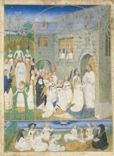 Kristuksen tervehtimät pyhät neitsyet astuessaan paratiisin porteista, n. 1467-70. tekijältä Simon Marmion