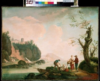 Kalastajat. Simon Mathurin Lantaratin (1729-1778) maalaus. Öljy kankaalle. Ranskalainen taide, rokokoo. Mihail Kroshitskyn taidemuseo, Sevastopol (Sevastopol) Ukraina tekijältä Simon Mathurin Lantarat