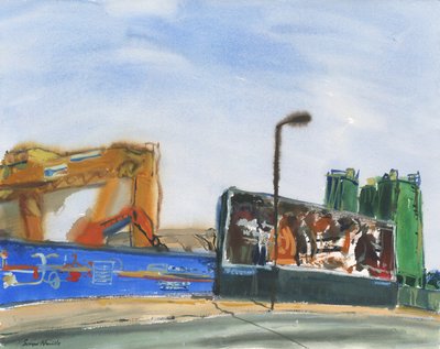 Rakennusvyöhyke ja mainostaulu (akvarelli ja guassi paperille) tekijältä Simon Neville