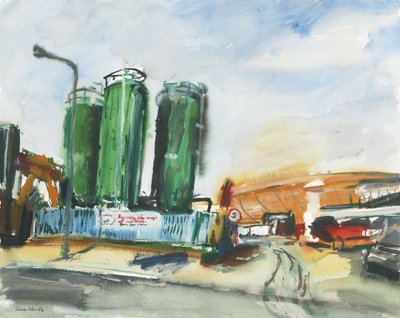 Rakennusvyöhyke ja kaasunpidin (vesiväri ja guassi paperille) tekijältä Simon Neville