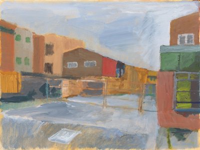 Etupiha ja rakennukset, 2025 (akryyli kankaalle) tekijältä Simon Neville