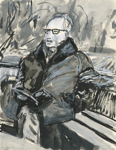 Mies lukee kirjaa, 2019 (muste  akryylivärikynät paperille) tekijältä Simon Neville