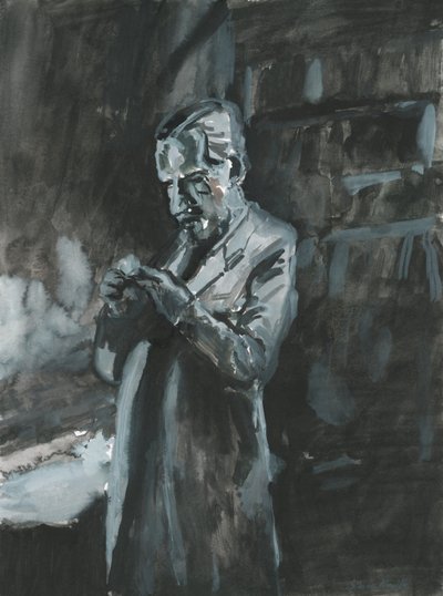 Mies polttaa piippua, 2019 (vesiväri paperille) tekijältä Simon Neville