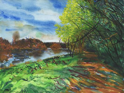 River Thames, Richmond, 2014 (akvarelli, guassi ja öljypastelli paperille). tekijältä Simon Neville