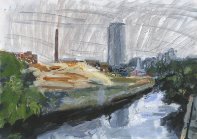 River Wandle and Ram Brewery redevelopment site, Wandsworth, 2025 (akryyli, akryylivärikynät, intialaiset tussikynät, öljypohjaiset tussikynät ja grafiitti paperilla) tekijältä Simon Neville