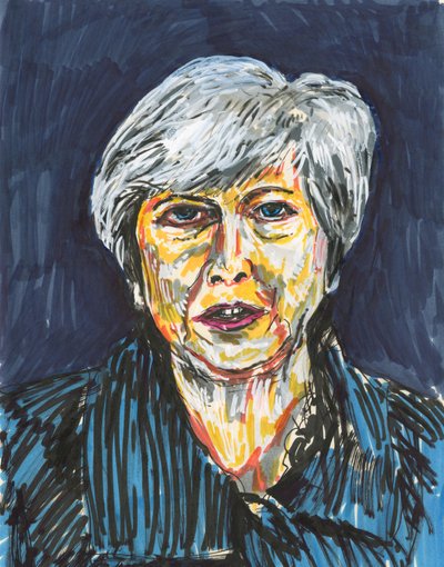 Theresa May, 2019 (muste ja akryylivärikynät paperille) tekijältä Simon Neville