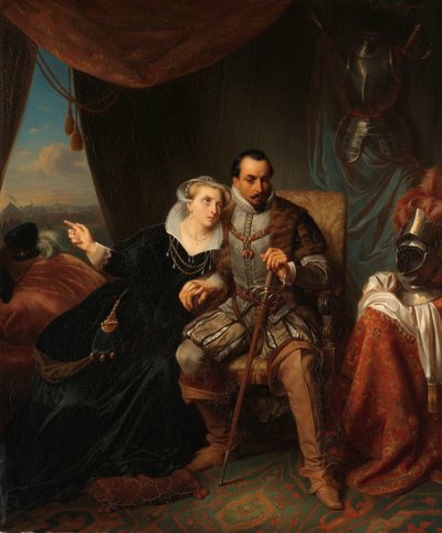Magdalena Moons pyytää sulhastaan Francisco Valdezia lykkäämään Leidenin myrskyä toisella yöllä, 1574 Kohtaus 80-vuotiaasta sodasta tekijältä Simon Opzoomer