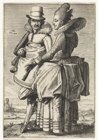 Mies ja nainen pukeutuivat noin vuoden 1625 muodin mukaan tekijältä Simon Poelenburg (attributed to)