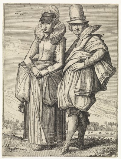 Mies ja nainen pukeutuivat noin vuoden 1625 muodin mukaan tekijältä Simon Poelenburg (attributed to)