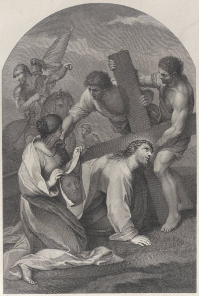 Kristus kaatui maahan ristin painon alla kahden miehen apuna ja ..., n. 1729. tekijältä Simon Vallee