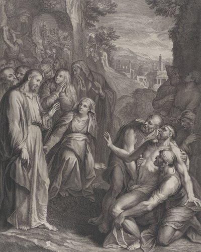 Lasaruksen ylösnousemus, Kristuksen seisoessa vasemmalla, n. 1729. tekijältä Simon Vallee