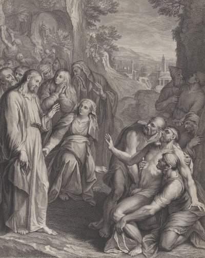Lasaruksen ylösnousemus, Kristuksen seisoessa vasemmalla, n. 1729. tekijältä Simon Vallee