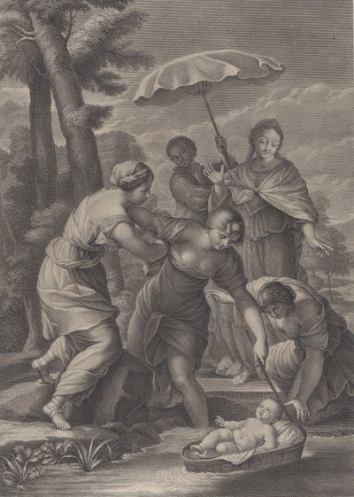 Kolme naista vetämässä koria Mooseksen kanssa vedestä, n. 1729. tekijältä Simon Vallee