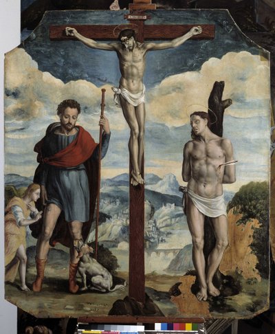 Ristiinnaulitseminen St. Rochin ja St. Sebastianin kanssa (öljy puulle) tekijältä Simon de Châlons